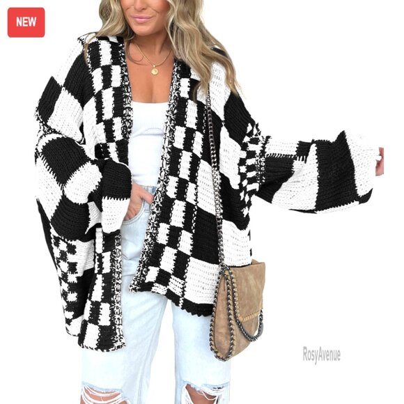 Chunky Knit Open Front Cardigan Sweater Loose Fit Checkered Pattern Size M